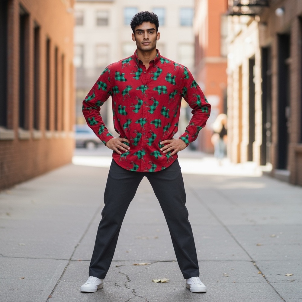 Men’s holiday Christmas button down buffalo plaid shirt by North Pole - size XL - Picture 2 of 11